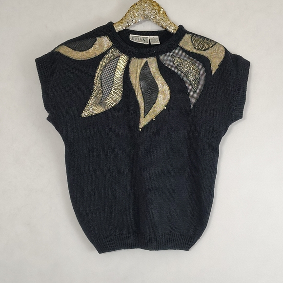 Vintage 80s Evian Women's Black Patchwork Sweater Top Size Large Glam Maximalist - Picture 10 of 10